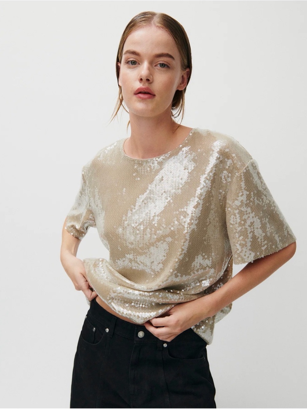 Day Birger et Mikkelsen Sequined Short Sleeve Tee in champagne Light Gold NWT